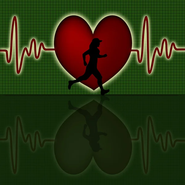 Silueta de corredor femenino con gráfico de latidos rojos del corazón —  Fotos de Stock