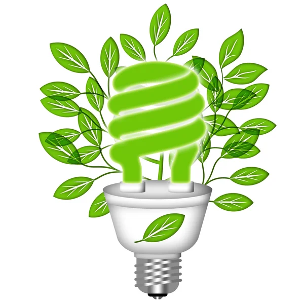 Энергосберегающая экологическая лампочка с зелеными листьями — стоковое фото