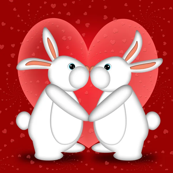 De dag van Valentijnskaarten witte bunny konijnen kussen — Stockfoto