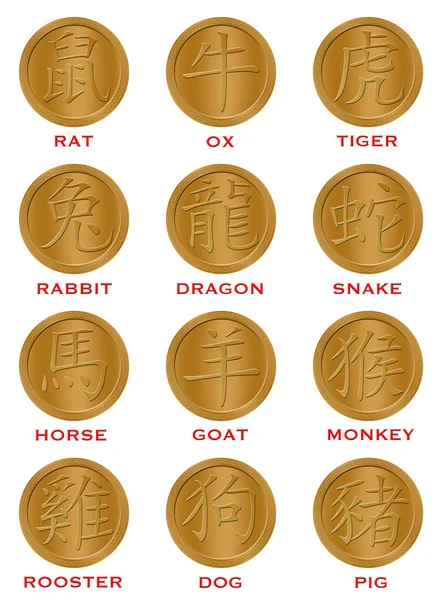 Dodici monete d'oro zodiacali cinesi — Foto Stock
