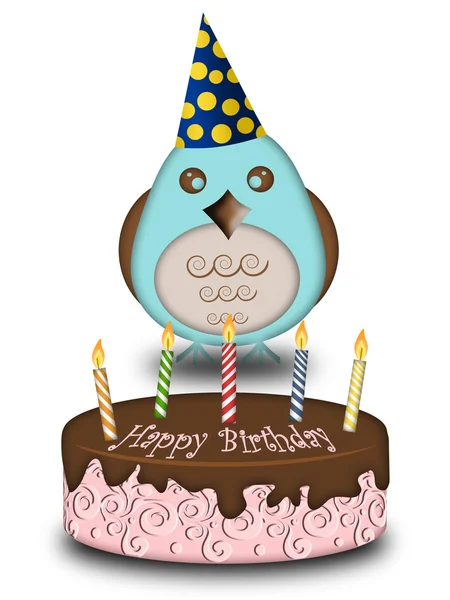 Joyeux anniversaire oiseau bleu avec des bougies de gâteau chapeau — Photo