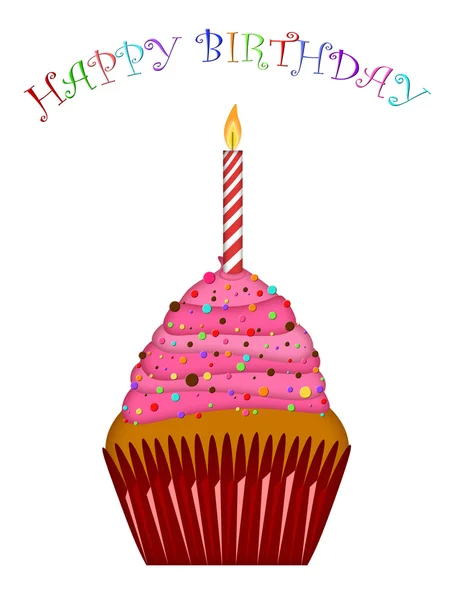 Joyeux anniversaire Cupcake avec glaçage rose et bougie — Photo