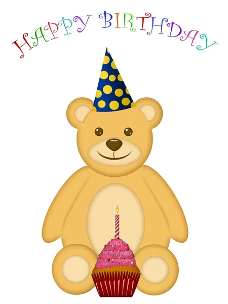 Birthday Teddy Bear with Party Hat and Cupcake — Stock Photo, Image
