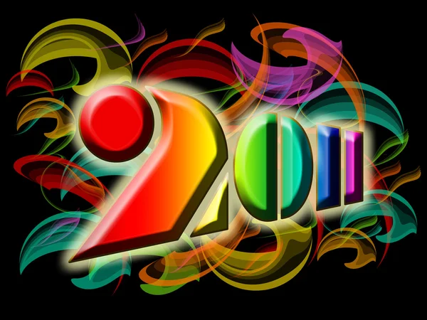 Frohes neues Jahr 2011 mit bunten Wirbeln und Flammen — Stockfoto