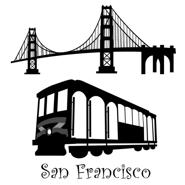 サンフランシスコのゴールデン ゲート ブリッジとケーブルカー トロリーの黒と白のイラスト — ストック写真