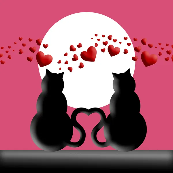 Mutlu Sevgililer Günü Kedi Aşık Moon Kalpleri Illüstrasyon Siluet — Stok fotoğraf
