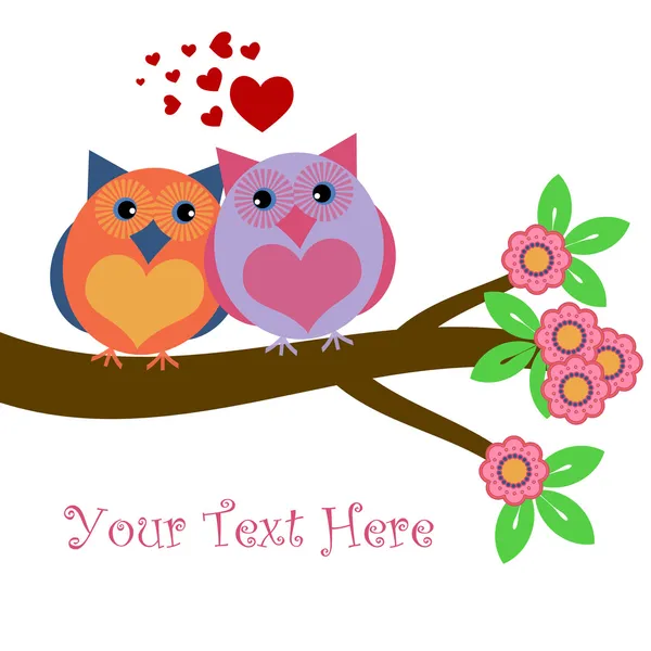 Corujas Amor Sentado Ramo Árvore Com Corações Flores Ilustração — Fotografia de Stock