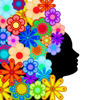 kadının yüzü siluet saçlı renkli çiçekler