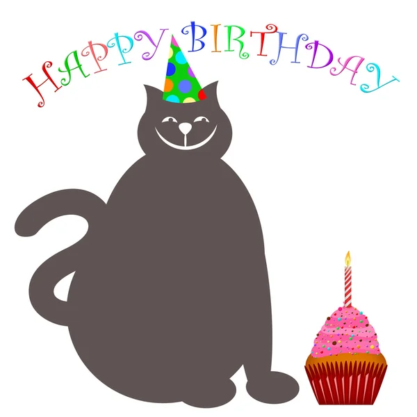 Všechno nejlepší k narozeninám kočka s kloboukem košíček a svíčka — Stock fotografie