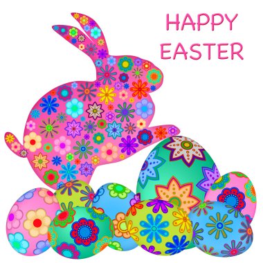 Happy Easter Bunny Rabbit with Colorful Eggs clipart