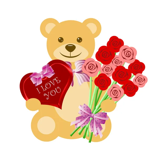 Urso de pelúcia com buquê de rosa e caixa de coração — Fotografia de Stock