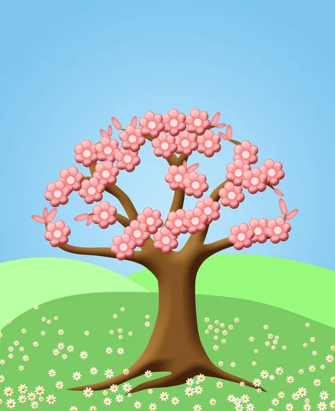 Abstrakt Träd Med Våren Cherry Blossom Blommor Gröna Betesmarker Illustration — Stockfoto
