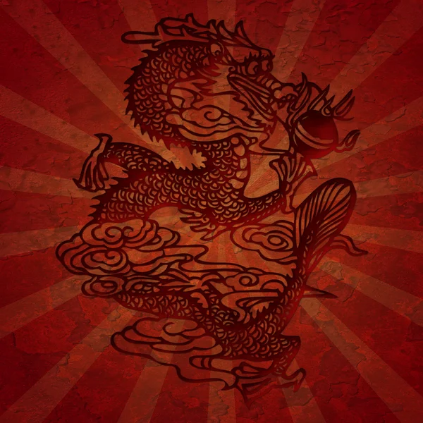 Papier Snijden Aziatische Draak Grunge Textuur Met Stralen Illustation — Stockfoto