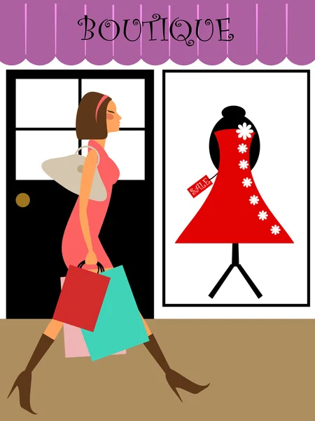 Kvinna Shopping Och Promenader Framför Boutique Butik Illustration — Stockfoto