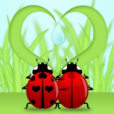 illüstrasyon kalp şekli altında kırmızı uğur böceği çift çimen