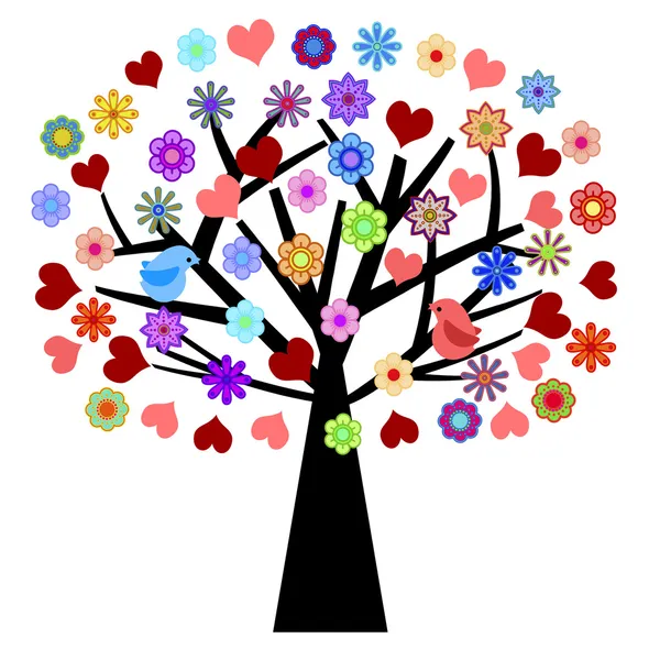 Alla Hjärtans Dag Träd Med Kärlek Fåglar Hjärtan Blommor Illustration — Stockfoto