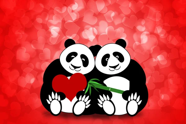 Happy Ημέρα Του Αγίου Βαλεντίνου Panda Bear Δυο Καρδιές Bokeh — Φωτογραφία Αρχείου