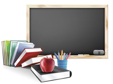 Classroom with Chalkboard Books Pens and Apple clipart