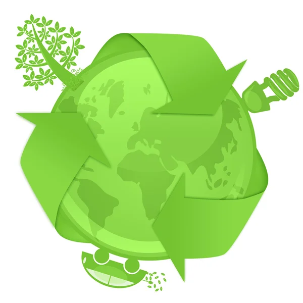 Eco Világon Zöld Energiatakarékos Izzó Hibrid Elektromos Autó Illusztráció — Stock Fotó