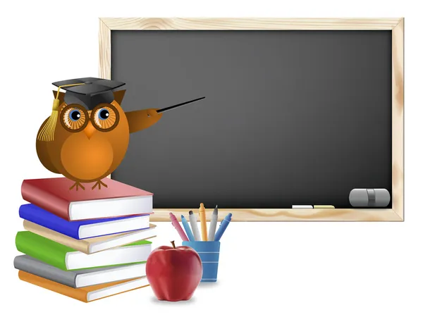Klas met schoolbord boeken pennen en apple — Stockfoto
