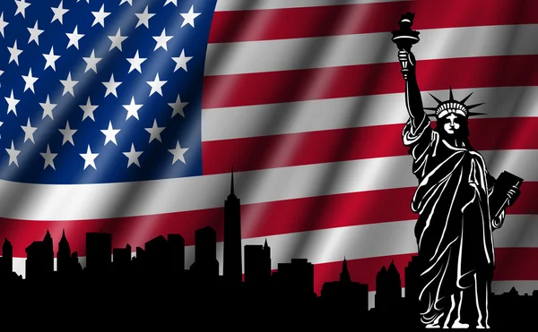 리버티 스카이 라인 실루엣의 동상이 미국 미국 국기 — 스톡 사진