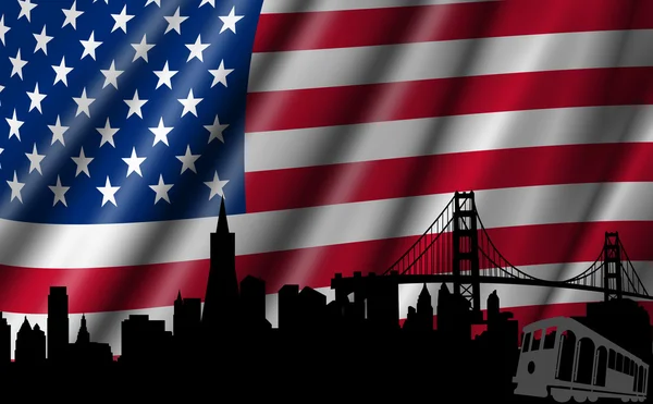 Αμερικανική σημαία των ΗΠΑ με τη χρυσή πύλη γέφυρα στον ορίζοντα σιλουέτα — Φωτογραφία Αρχείου