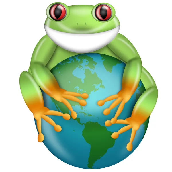 Red-Eyed Green Tree Frog Hugging Planet Earth — Stockfoto