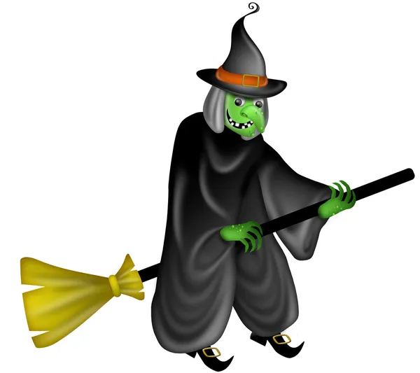 Halloween-Hexe fliegt auf Besenstiel — Stockfoto