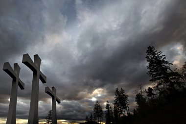 Good Friday Easter Day Crosses Clouds Trees Background clipart