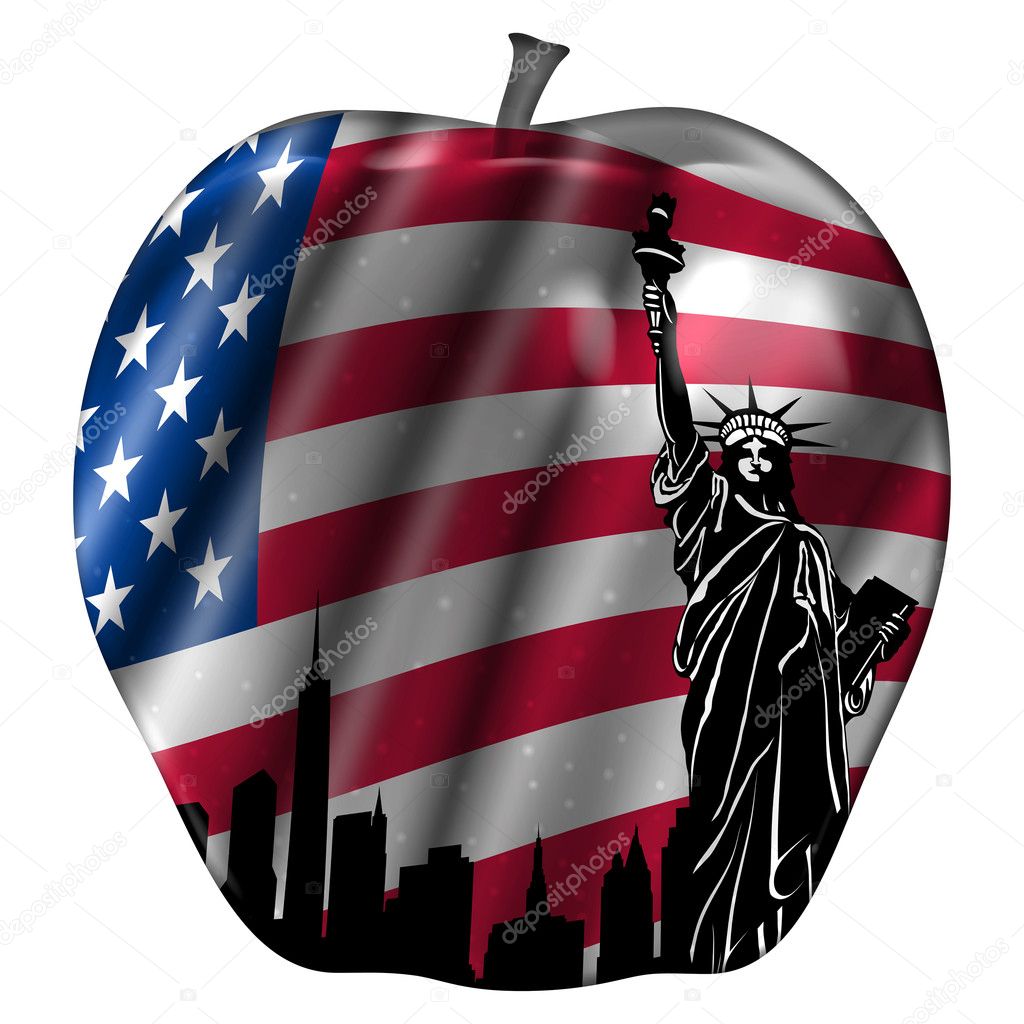 Big Apple with USA Flag and New York Skyline
