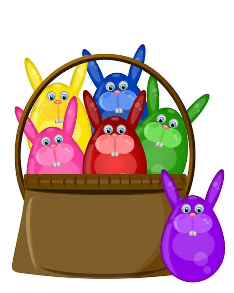 Шесть цветных счастливых пасхальных яиц в корзине — стоковое фото