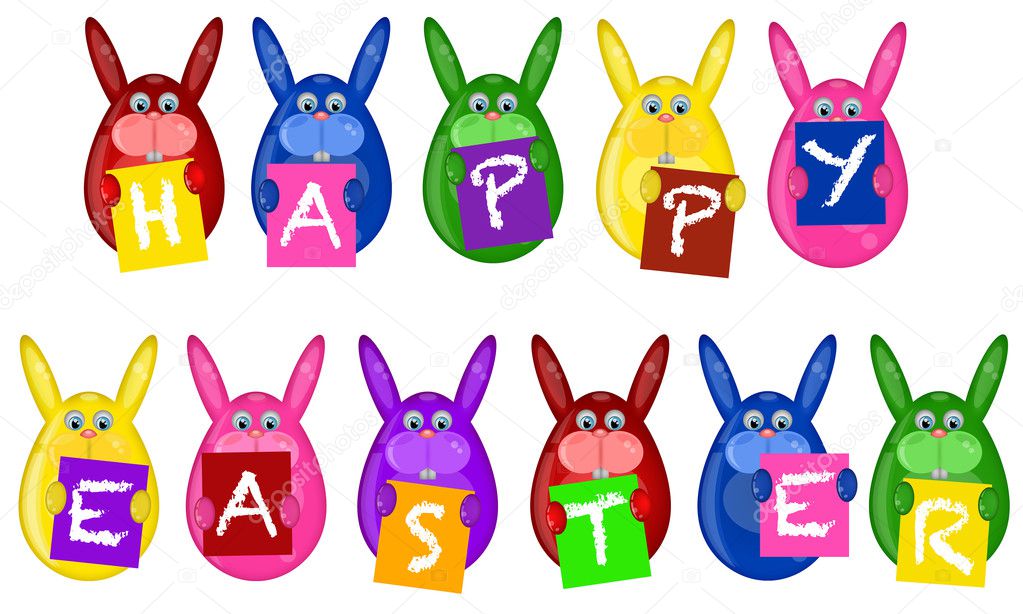 Easter Bunny Eggs Holding Alphabet Greeting Signs
