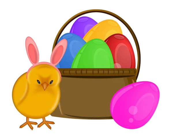 Velikonoční kuřátko s čelenka uši zajíčka a košík — Stock fotografie