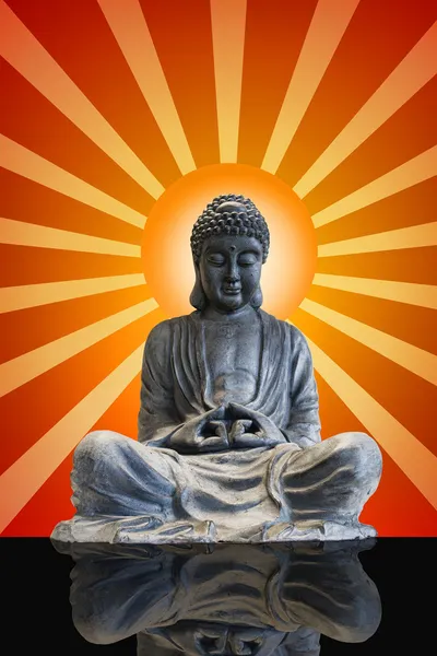 Sitting Full Body Bronze Buddha with Sun Rays — Stock Photo, Image