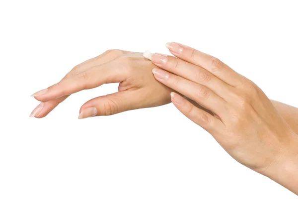 Дві Жіночі Руки Кремом Зволоження Тіла Ізольовані Білому — стокове фото