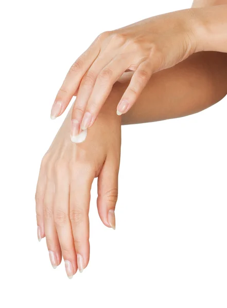 Två Kvinna Händer Med Fuktkräm Body Cream Isolerad Vit — Stockfoto