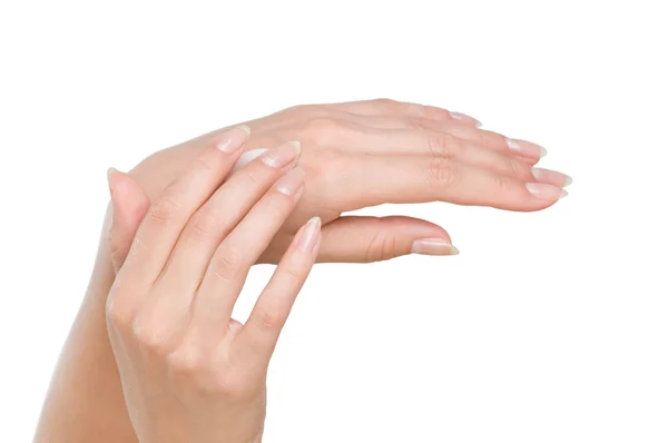 Twee Vrouw Handen Met Vochtinbrengende Crème Lichaam Crème Geïsoleerd Wit — Stockfoto