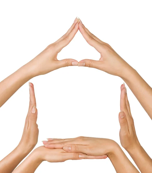 Vrouwelijke Hands Aanduiding Conceptuele Huis Symbool Geïsoleerd Witte Achtergrond — Stockfoto