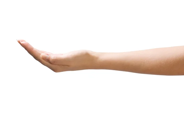 Γυναίκα Άδειο Χέρι Απομονωθεί Λευκό Φόντο — Φωτογραφία Αρχείου