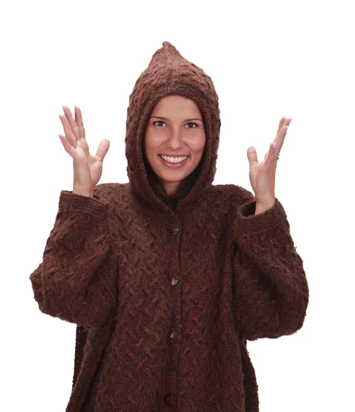 Mutlu Bir Kadın Beyaz Bir Arka Plan Karşı Izole Kış — Stok fotoğraf