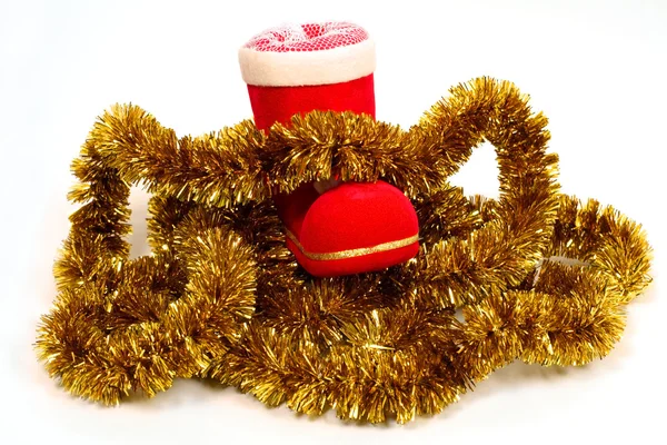 Bota de Papai Noel e ouropel — Fotografia de Stock