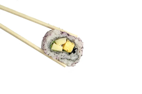 Japanese Roll Egg Avocado Hold Chopsticks White Background — Stock Photo, Image