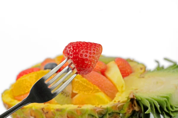 Bir Çatalla Bir Egzotik Meyve Salatası Tarafından Oluşturulan Bulanık Bir — Stok fotoğraf