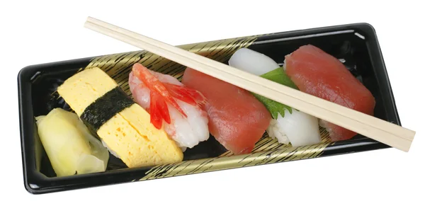 Sushi tray and chopsticks-clipping path — Stock Photo, Image