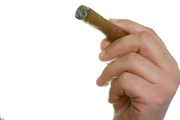 Сигареты Руке Белом Фоне Молодой Человек Курит Сигару — стоковое фото
