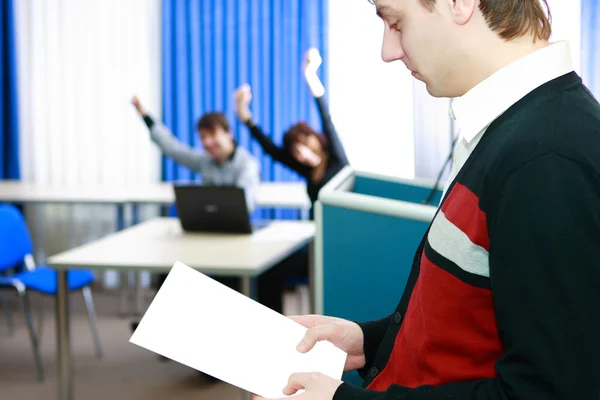 Young Students Smiling Communicate Study Computer Indoors — Stock Photo, Image