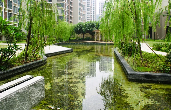 Central garden in a new residential district — Stock Photo, Image