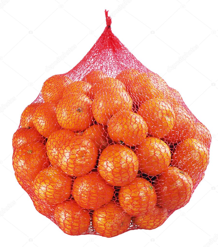 Tangerines, clementines bag on white