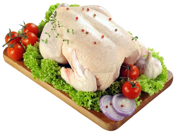 Frisches Rohes Huhn Mit Salat Zwiebeln Tomaten Und Gewürz Isoliert — Stockfoto