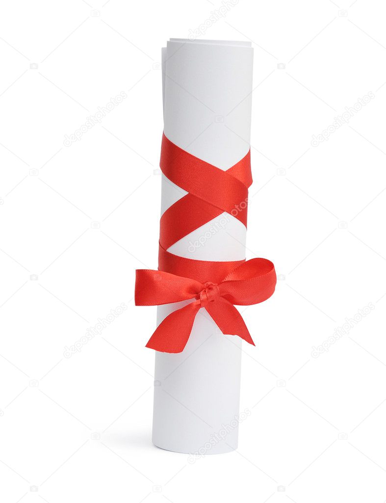 Diploma document with red ribbon isolated on white background